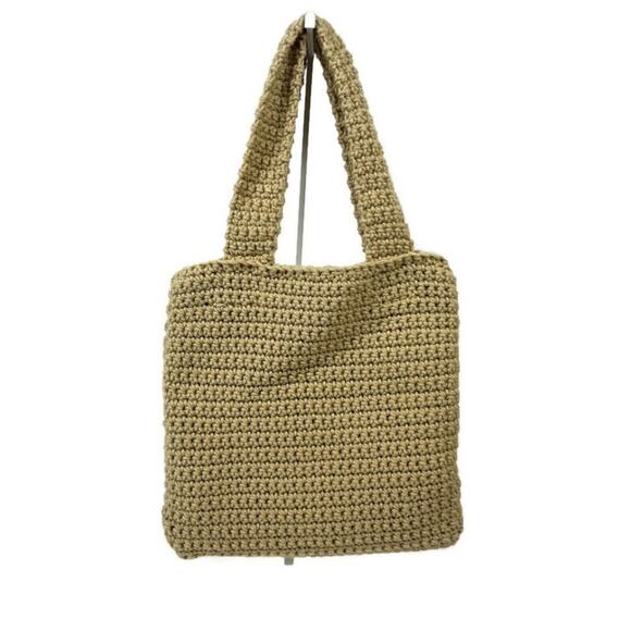 Handmade Handbags - Handmade Unlined Open Knit Crochet Open Top- Two Top Handles Purse Bag Tan Boho